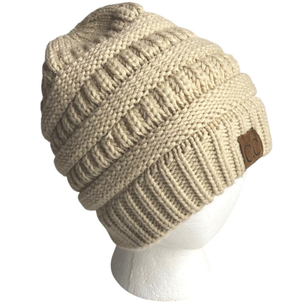 C.C Exclusive Beanie Tail Ponytail Messy Bun Solid Ribbed Knit Beanie Hat Beige